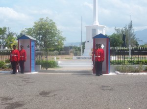 The changing of the guards happens every hour at National Heroes Park.